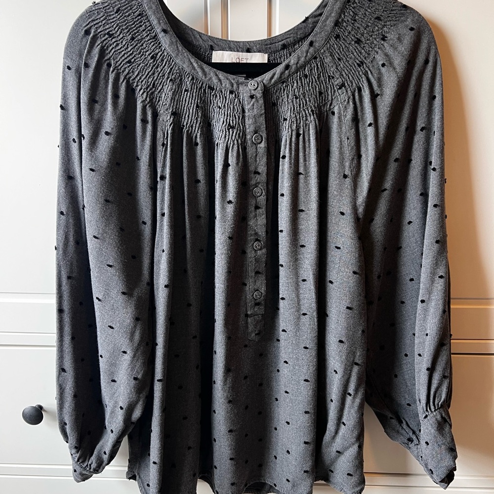 LOFT Charcoal Gray Polka Dot Smocked Yoke Blouse